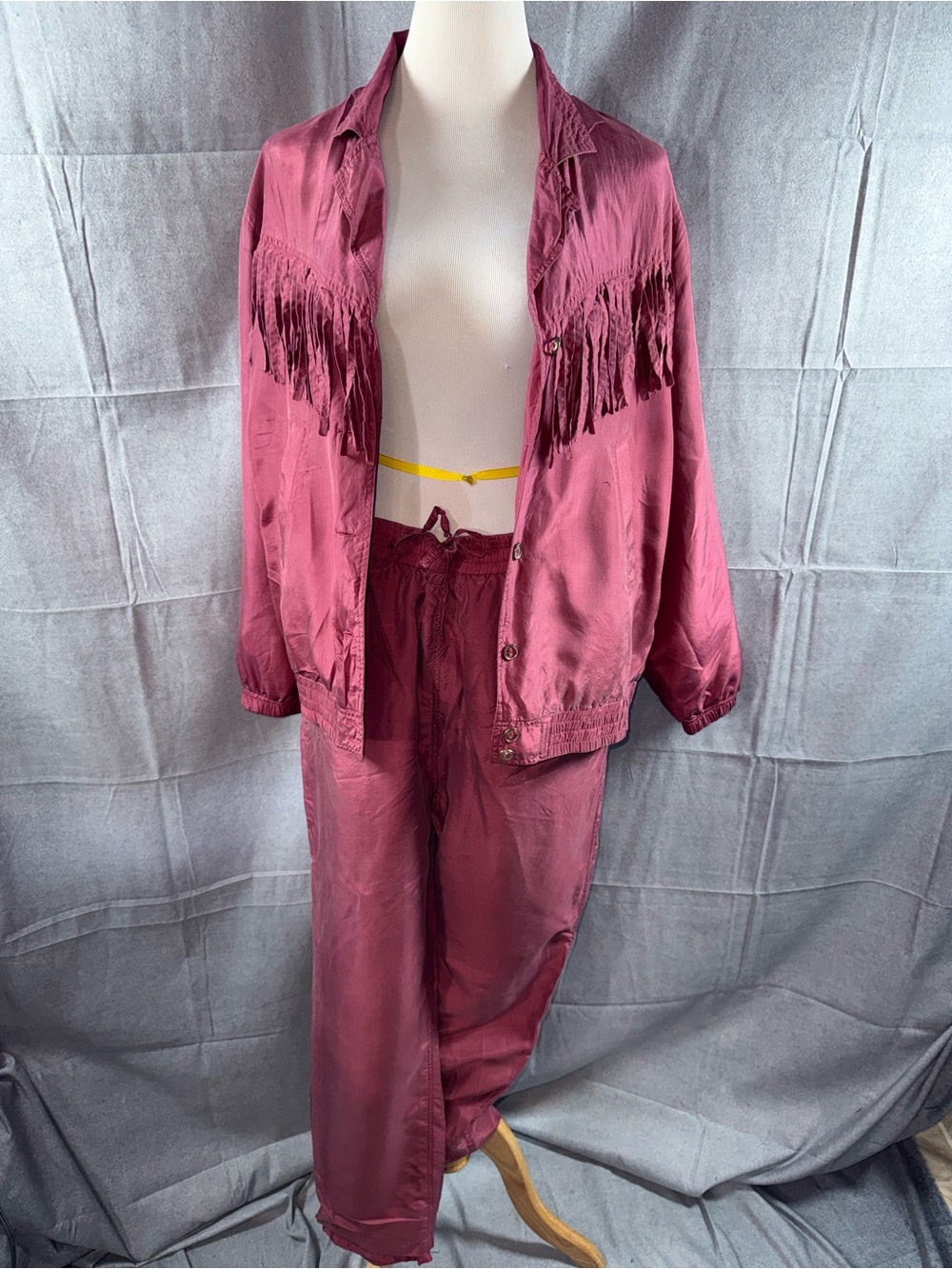 3131-80s Krista Kay Fringed Satin Pantsuit in Burgundy - Women's Two-Piece Set